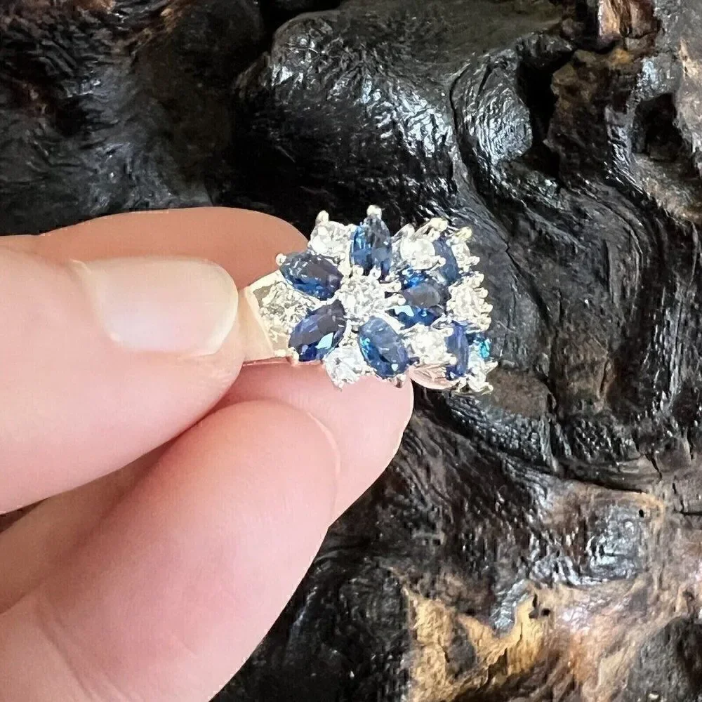 Large Statement Floral Cluster Ring Size 6 Blue Clear Silver Tone Prong Set